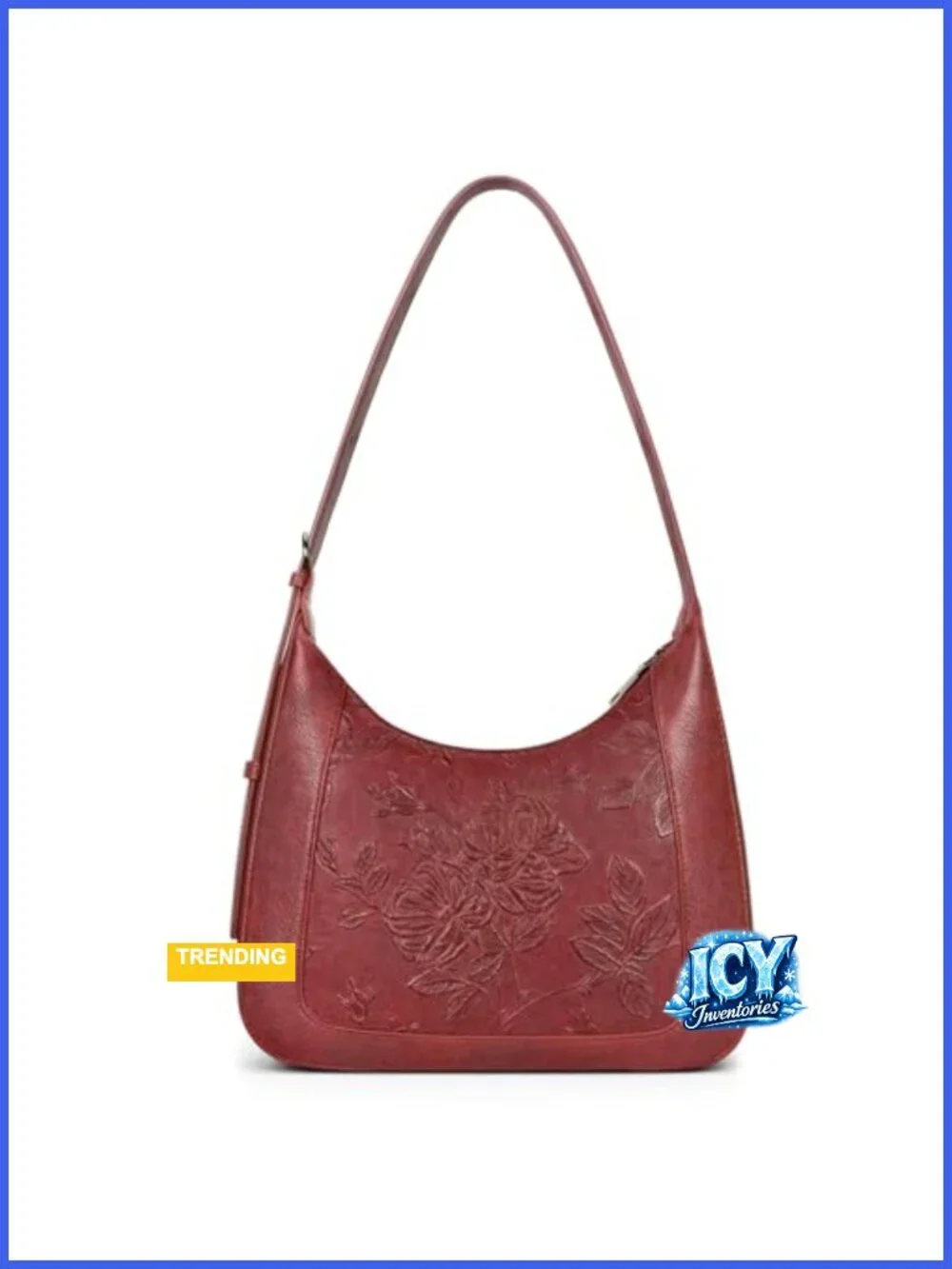 Vegan Leather Floral Embossed Crescent Shoulder Bag Women Hobo Purse